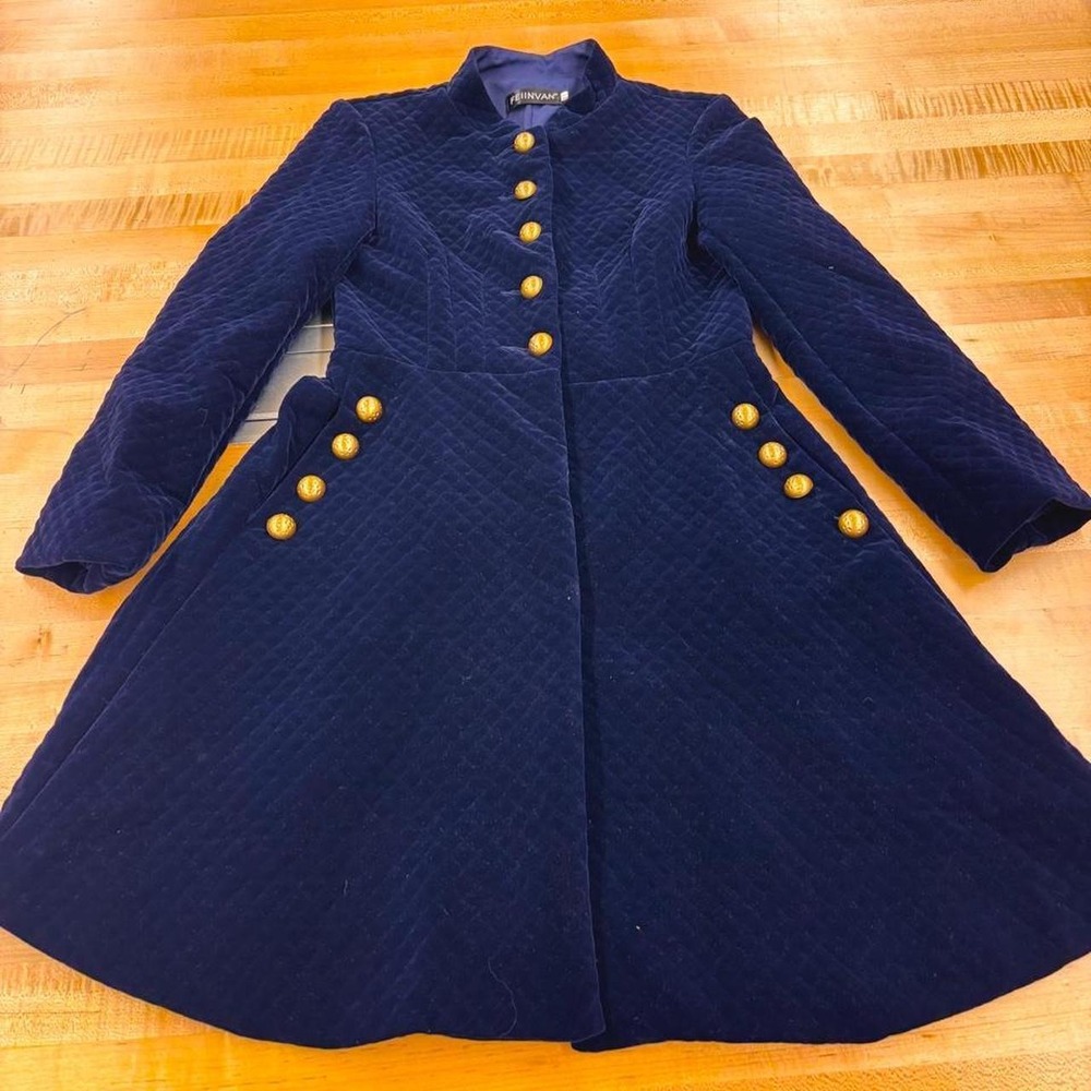 Feiinvan Navy Blue Quilted Velvet Fit and Flare Military Coat Gold Buttons S